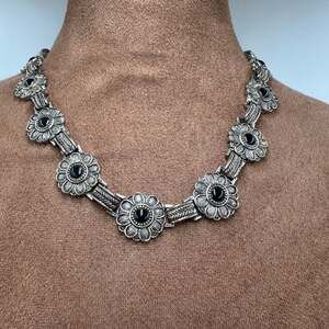 Southwestern Silver Tone Black Bead Sunburst Statement Necklace